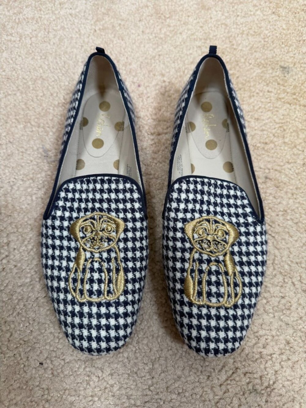 Boden Elsie Houndstooth Pug Dog Loafer Slipper Size 40 US 9 Navy Blue Preppy